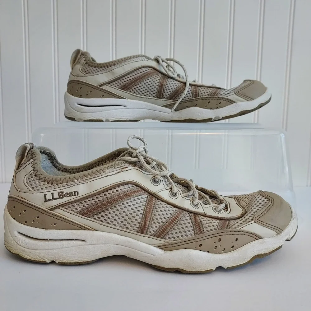 LLBean‎ Womens Athletic Shoes Tan Cream Mesh Lace Up Low Top Sneakers Size 8